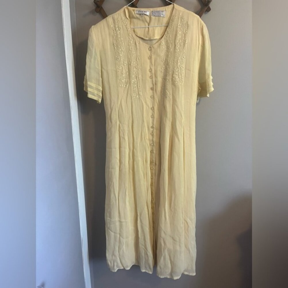 Vintage cottage core butter yellow midi button down dress arched belt 16